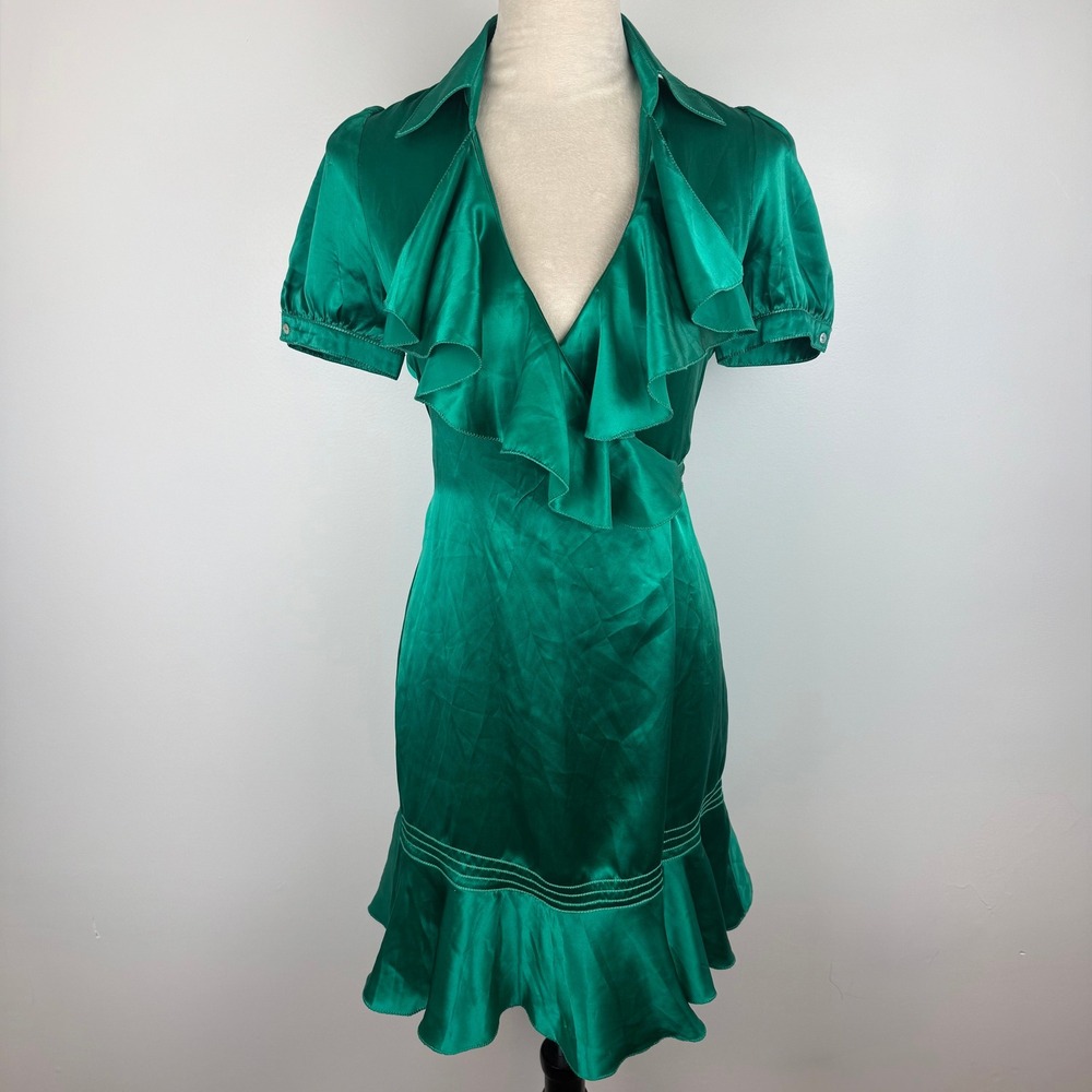 Y2K MSSP Max Studio Emerald Green 100% Silk Chic Ruffle Wrap Dress Women's Sz XS